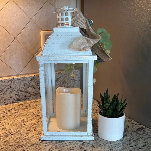 Rustic White Lantern with Greenery and Candle - Picture 4 of 6